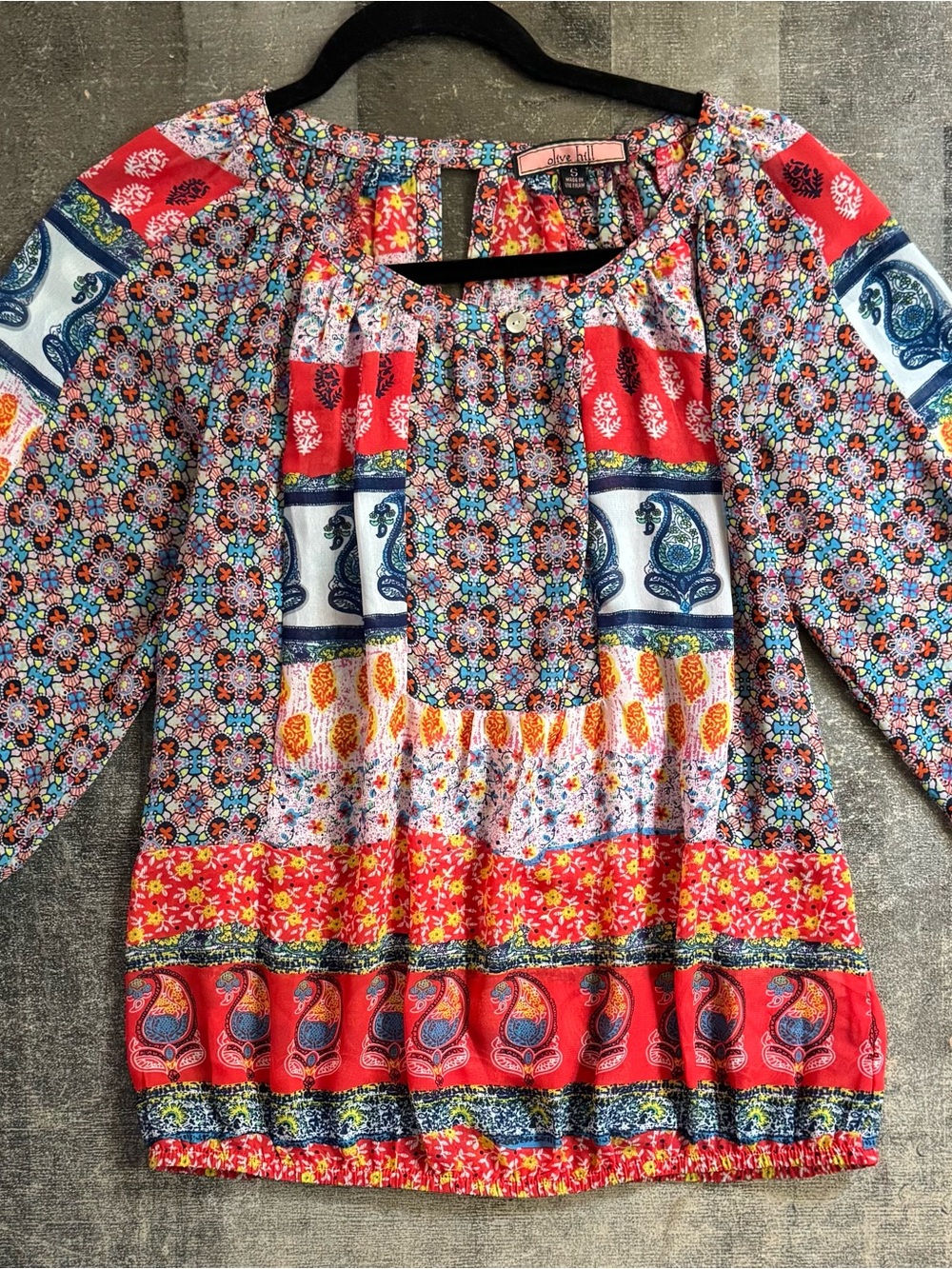Olive Hill Sheer Boho Patchwork Paisley Peasant Blouse - Red Multicolor